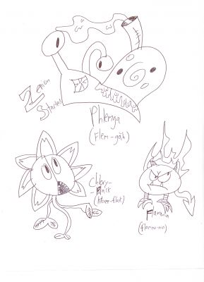 The zenion region starters.
These are the starters for the most popular of the chris & friends poke-ventures series.
Phlemga(flem-guh) Flamonin(Flamma-nin) and Chloryphlack(cloree-flak)
Keywords: phlemga chloryphlack flamonin