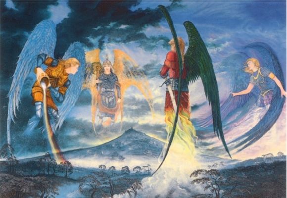 behold...the mighty arch angels...true friends to anyone who studys High magic
the four arch angels...summoned by the Lesser Banishing Spell...One of fire (Mih-Chai-El) one of watter (Gahb-Ray-El) one of life force (Rah-Fay-El) and one of earth(Ohr-Ree-El) they are protectores of us, all we have to do is summon them and they are there as my defence, attack, my team...
