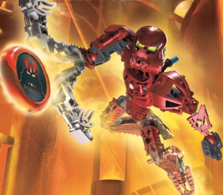 Toa Vakama
Set # 8601
Toa Metru of Fire.
He's the leader of the toa in Metru Nui before the Great Cataclysm. His weapon is the disk launcher (as shown in the picture). He wears a mask called the Kanohi Huna, the mask of invisibility.
Keywords: Toa Vakama Bionicle