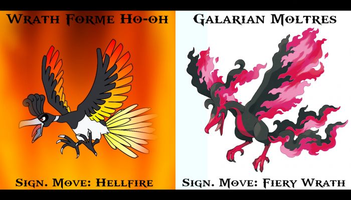 Dah Fuhdj
https://www.deviantart.com/kasaibou/art/Dah-Fuhdj-859214551

In 2009, I came up with a recolored forme of Ho-oh. Then one decade later, eleven years to be exact, Nintendo gives the Legendary Birds trio region-exclusive formes for Pkmn Sword and Shield, and Moltres's Galarian forme is one of which he is dark and evil and you will TASTE HIS WRATH!!!!!11!1

Okay, now let's get serious. Is it possible Nintendo saw my DeviantArt account and took inspiration? Probably not. Regardless, I'm not going to be as petty as to say Nintendo "stole" or "ripped-off" my idea because I don't even own Ho-oh or Pokémon as an intellectual property. Nintendo does. And I can't say it's the same idea because that would be a false equivalence. In all honesty, though, it feels kind of flattering to see my old fan-made idea become official (or canon in Canontardian) to a certain degree, even it is years later.
Ultimately, this is just funny
LOL

Pokémon and All Respective Names are Trademark & © of Nintendo
