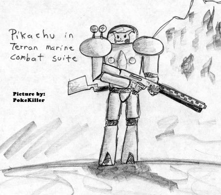 Pikachu Marine
Heh this pic is fun i think. Pikachu in Terran Marine Combat Suite from StarCraft of course. 
I did it with a normal school pen =)
Keywords: Pika_Marine
