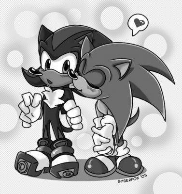 ~**Sonic gives shadow a smooch**~
I love this picture beyond words... it's the cutest yaoi Sonic pairing ever! (right up there with Sonic X Tails!) 

 art by Syberfox (sonadow.com) 
 
Keywords: sonic shadow kiss yaoi hedgehog