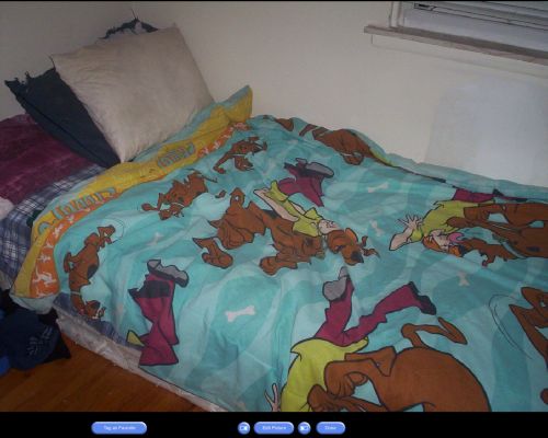 my lovley (horrid, lumpy, spine-breaking sad excuse for a) bed
XD this is my bed (if your stupid enough to not know that).. very messy right now... XD.. 

here, you can see my infamous scooby-doo blanket.. i hate scooby-doo but.................... that blanket is comfortable X3..
