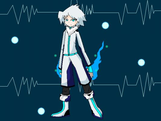 Echno human form
here is his human form.. i noticed that everyone with white hair has boots... interesting..interesting... >_>... well..not much to describe here..except that the bg are pulses... the reason is because i decided one of his powers are to condense either matter or his own dark energy to create a pulse..similar to the explosion alchemist.. except well..its a pulse... (lol..you can tell this is going to be in relation with music... XD)
