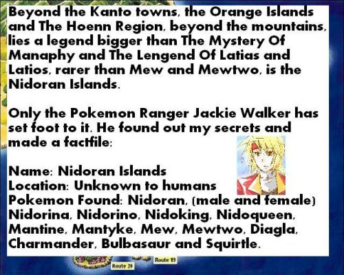 Nidoran Islands - Epilogue
My first made up thing! But I DIDN'T make up jackie walker.
Keywords: NidoranIslandTM