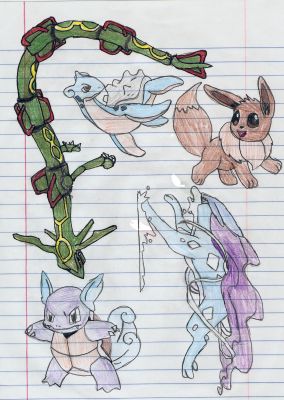 Rayquaza,Lapras,Eevee,Suicune,and Wortortle
These are some pokemon i drew but i really like rayquaza and suicune. Please don't comment on the colors or anything because i don't like to make them look real fancy i just like to draw them ~123456789 Charizard~
