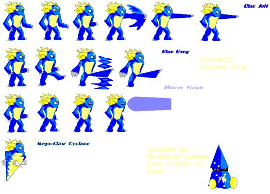 Goliath sprites
This My Golaith form, He is 7 feet tall and super strong with super sharp claws that slice through almost anytjing and can jump 100 feet in the air and  has a hide as thick as steel you DID trolls don't wanna mess with him. 
Keywords: PixelWizz Goliath form