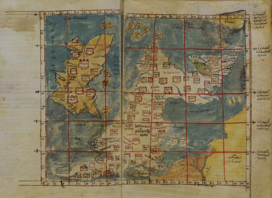 Add_19391_19-20
The Codex Vatopedinus's Ptolemy's map of the British Isles, labelled "á¼ˆÎ»Î¿Ï…ÎÏ‰Î½" (AlouÃ­Ån, "Albion") and á¼¸Î¿Ï…ÎµÏÎ½Î¯Î± (IouernÃ­a, "Hibernia"). c.â€‰1300
Keywords: Albion