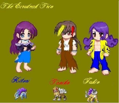 The Ecuteak trio
Here are my main character of my manga im making
Kitori the Suicune
Taniko the Entei
Jukio the Raikou
Keywords: Kitori_Taniko_Jukio