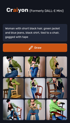 craiyon_150221_Woman_with_short_black_hair__green_jacket_and_blue_jeans__black_shirt__tied_to_a_chai.png
