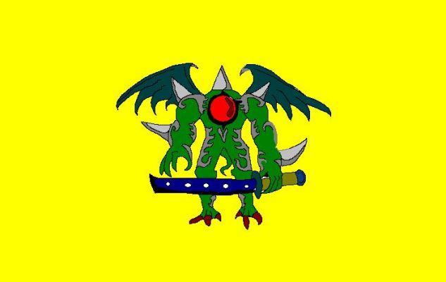 FIEND#1
this is "MONULA". Monula is a monster who uses its eye in his chest to seek his prey and the sword he has is used to rip his enemies usunder!  ps:he is a fiend from the sacred temple of "CASCADU"-twilight shadow.
